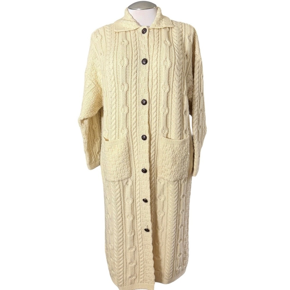 Arancrafts Ireland Merino Wool Cable Knit Long Cardigan Duster Sweater Cream XL